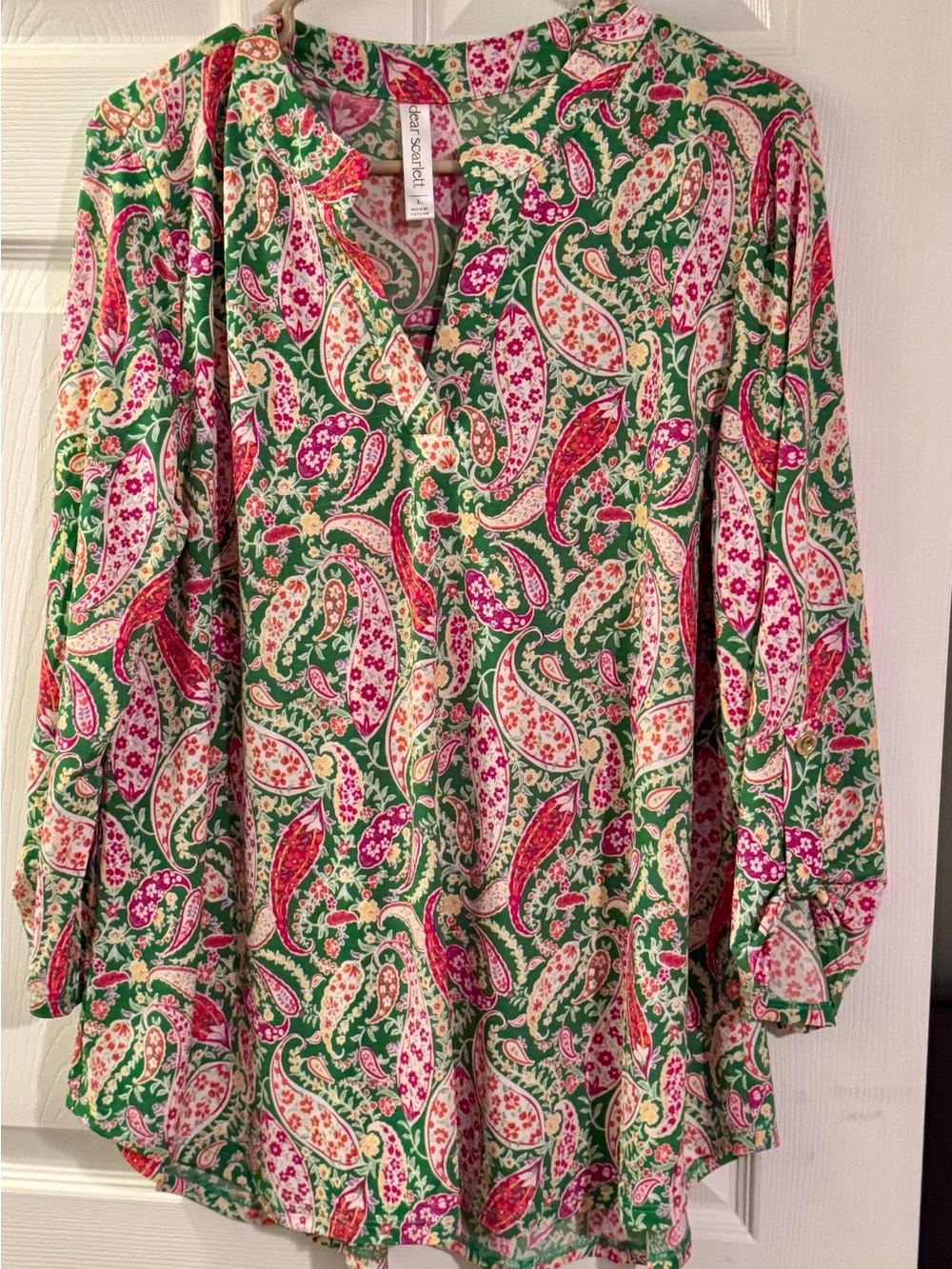 Dear Scarlett Green Paisley Button V-Neck Top